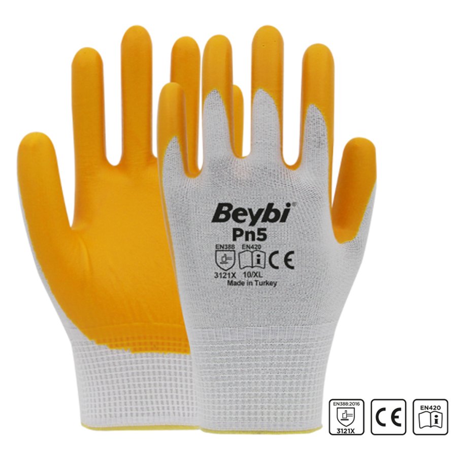Beybi PN5 Sarı Beyaz Polyester Örme Nitril Eldiven