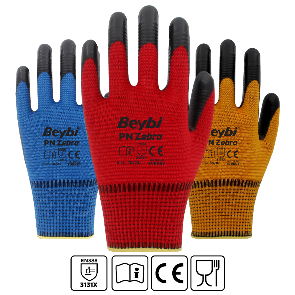 Beybi PnZebra Yarı Nitril Kaplı Örgü Polyester Eldiven