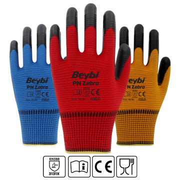 Beybi PnZebra Yarı Nitril Kaplı Örgü Polyester Eldiven