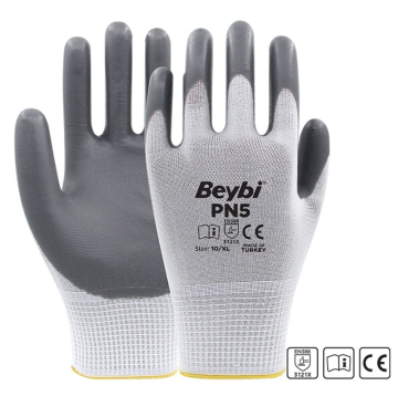Beybi PN5 Gri Polyester Örme Nitril Eldiven 1 Koli (288 Adet)