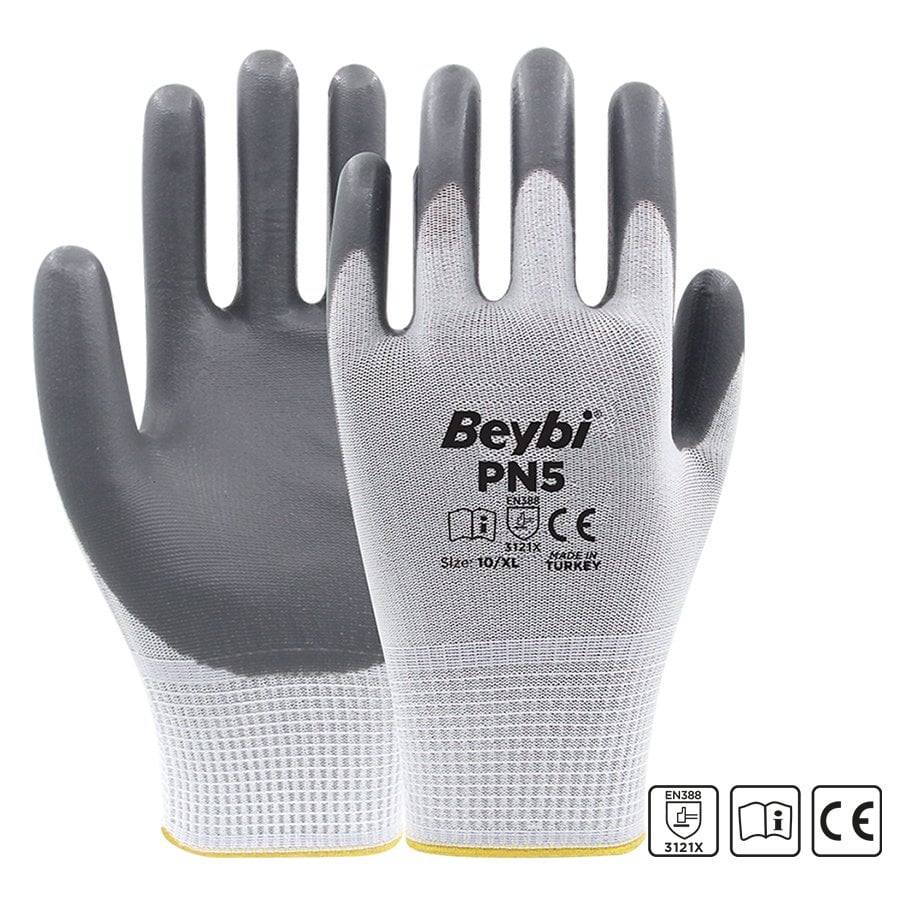 Beybi  PN5 Gri Polyester Örme Nitril Eldiven