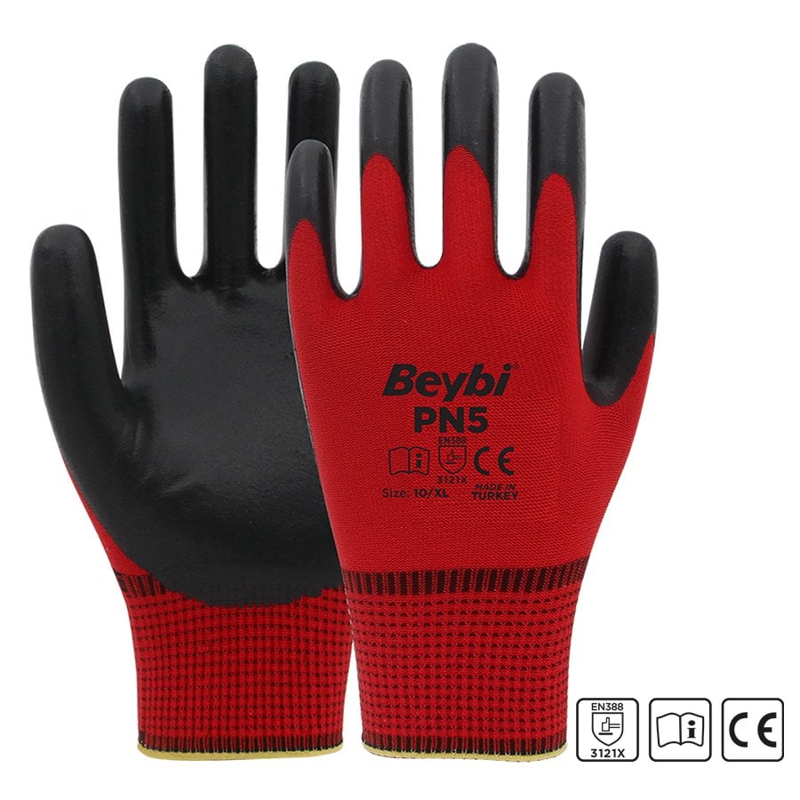 Beybi PN5 Kırmızı Polyester Örme Nitril Eldiven