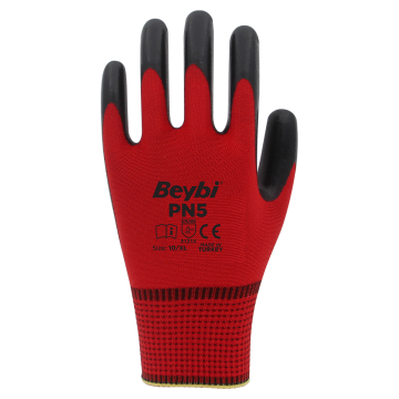 Beybi PN5 Kırmızı Polyester Örme Nitril Eldiven