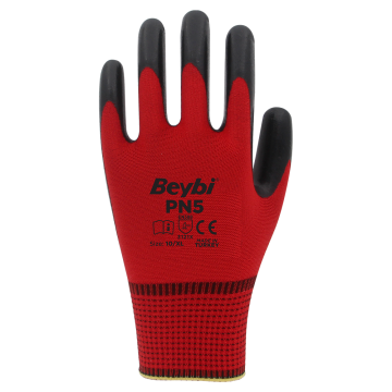 Beybi PN5 Kırmızı Polyester Örme Nitril Eldiven