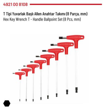 İzeltaş 4921 Yuvarlak Başlı T Tipi Allen Anahtar Takımı 8 Parça