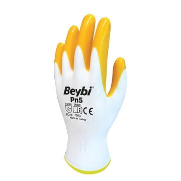 Beybi PN5 Sarı Beyaz Polyester Örme Nitril Eldiven 10