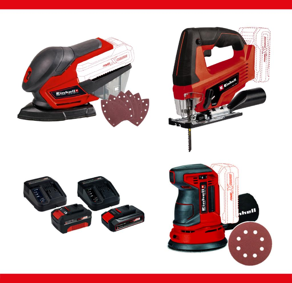 Einhell 18V TE-OS Zımpara+ TC-JS Dekupaj Testere+ TE-RS Eksantrik Zımpara+ 4 Amper+ 2 Amper Akü ve Şarj Cihazı Seti