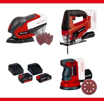 Einhell 18V TE-OS Zımpara+ TC-JS Dekupaj Testere+ TE-RS Eksantrik Zımpara+ 4 Amper+ 2 Amper Akü ve Şarj Cihazı Seti