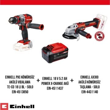 Einhell 18V 5.2Ah Akülü Vidalama TE-CD 18 Li BL+ AXXIO Taşlama Makinası + Power X-Change Seti
