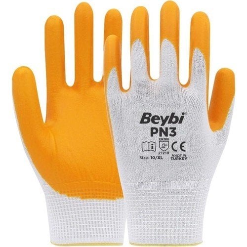Beybi Pn3 Polyester Astarlı Nitril Eldiven Sarı-Beyaz 9